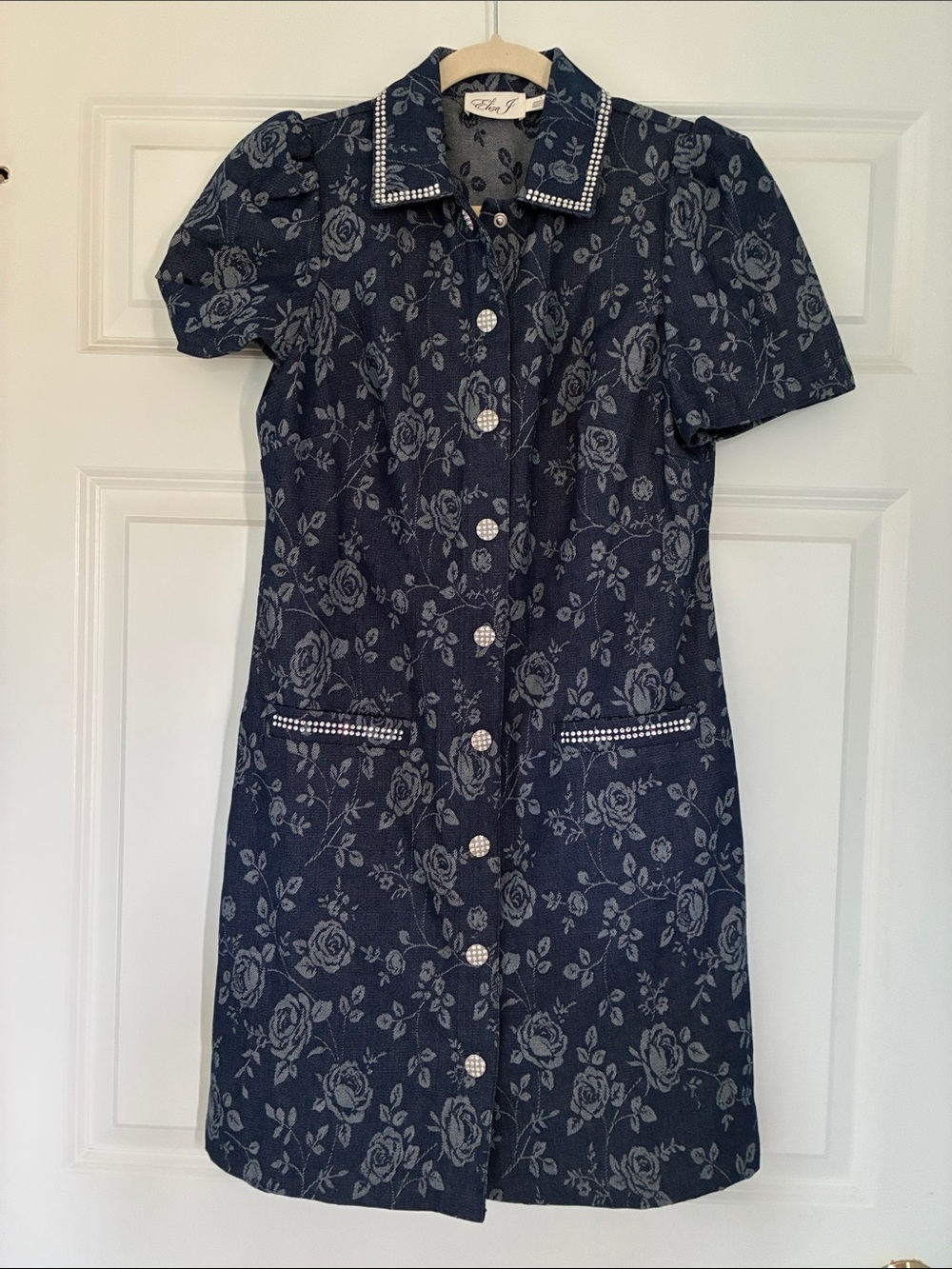 Eliza J Navy Floral Jacquard Dress with Pearl Buttons